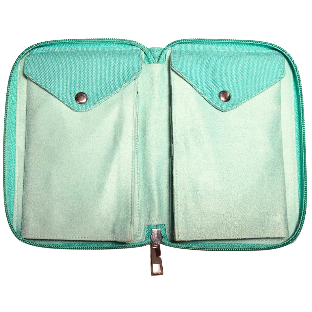 Mint green zippered pouch with a white background