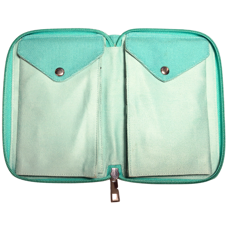 Mint green zippered pouch with a white background