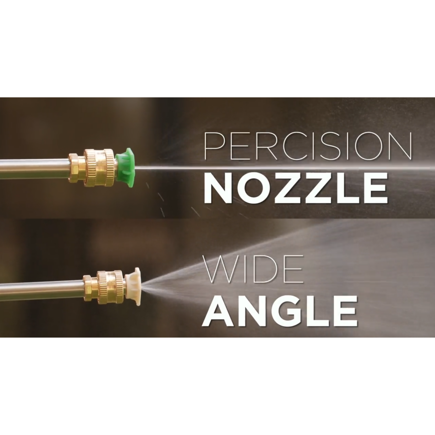 Two garden nozzles labeled 'Percision Nozzle' and 'Wide Angle' with water spray on a blurred background.