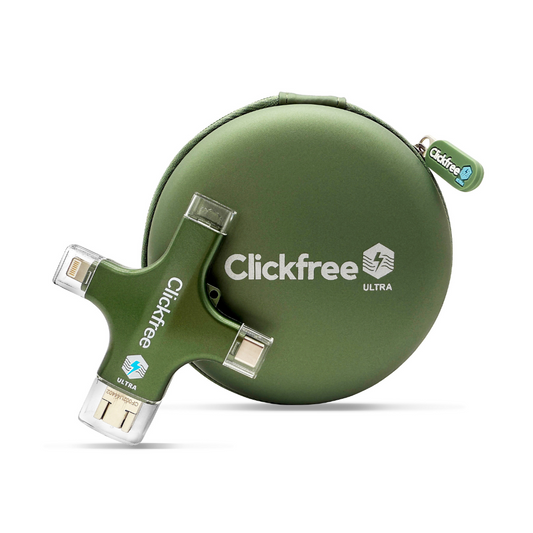 A red ClickFree Ultra 128GB universal AI photo and video backup device with multiple connector ports, including USB and Lightning, displayed against a white background.