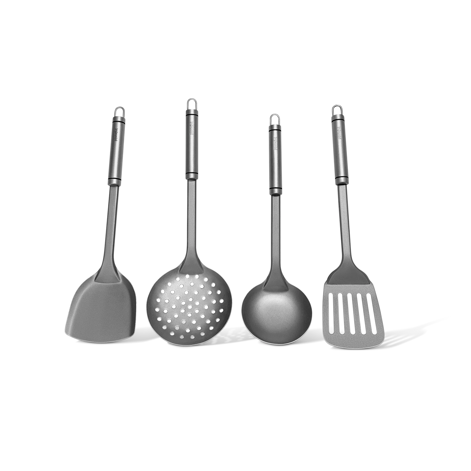 Set of four gray kitchen utensils on a white background