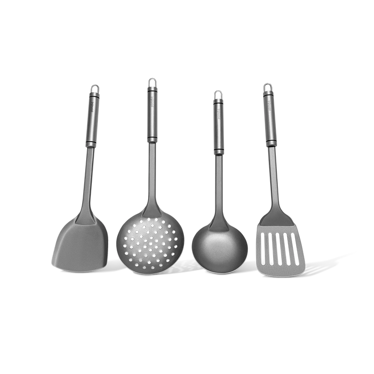 Set of four gray kitchen utensils on a white background