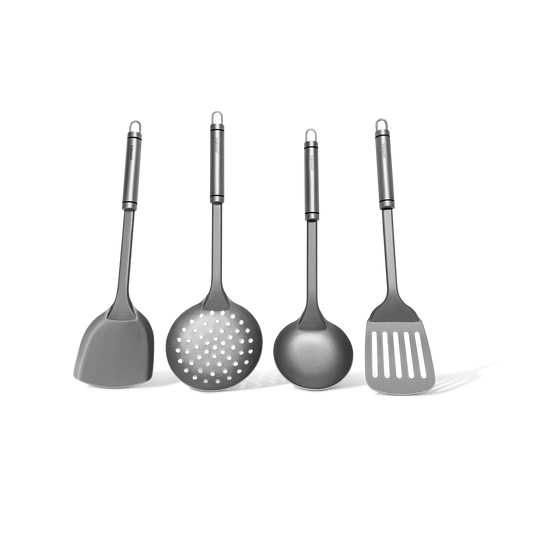 Set of four gray kitchen utensils on a white background