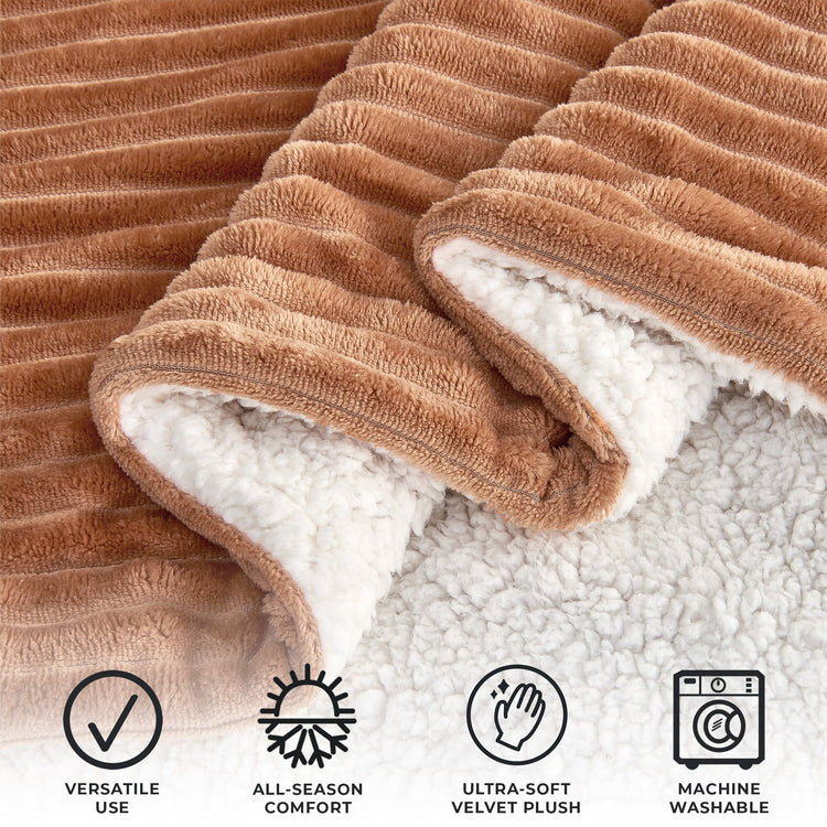 Ultra-Soft Velvet Plush Reversible Sherpa Fleece Blanket - Toffee