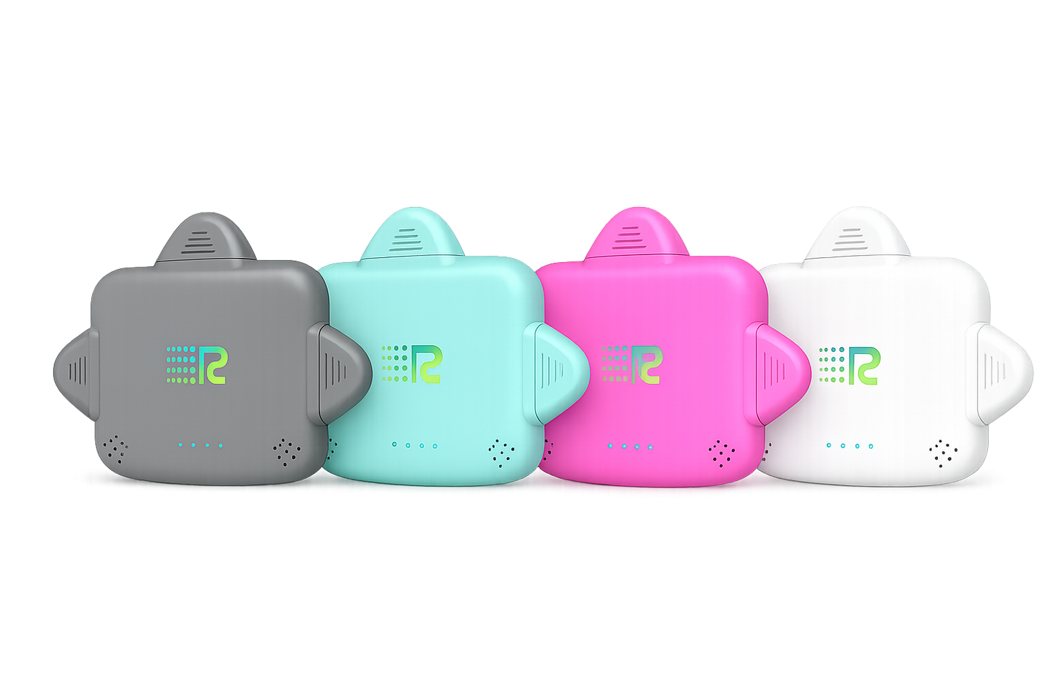 Four small electronic trackers in different colors (gray, mint green, pink, and white) lined up in a row against a plain white background.