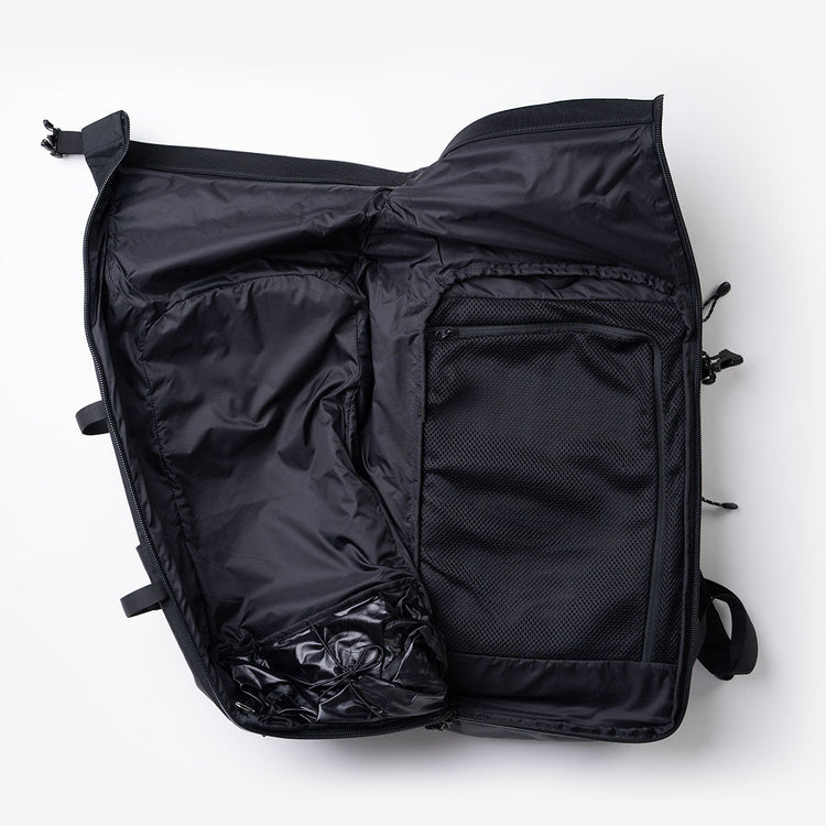 Open backpack showing compartments and pockets