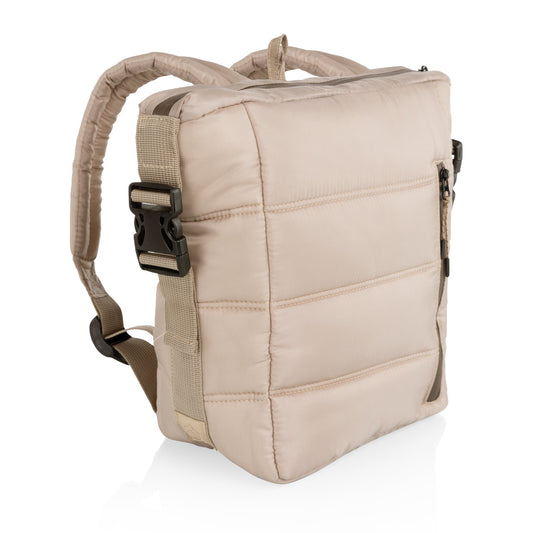 Beige backpack with a black buckle on a white background