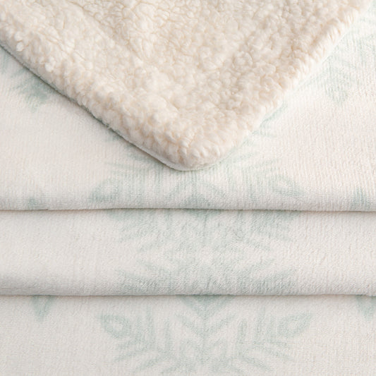 Ultra-Soft Velvet Plush Reversible Sherpa Fleece Blanket - Large Pale Blue Snowflake (Throw)
