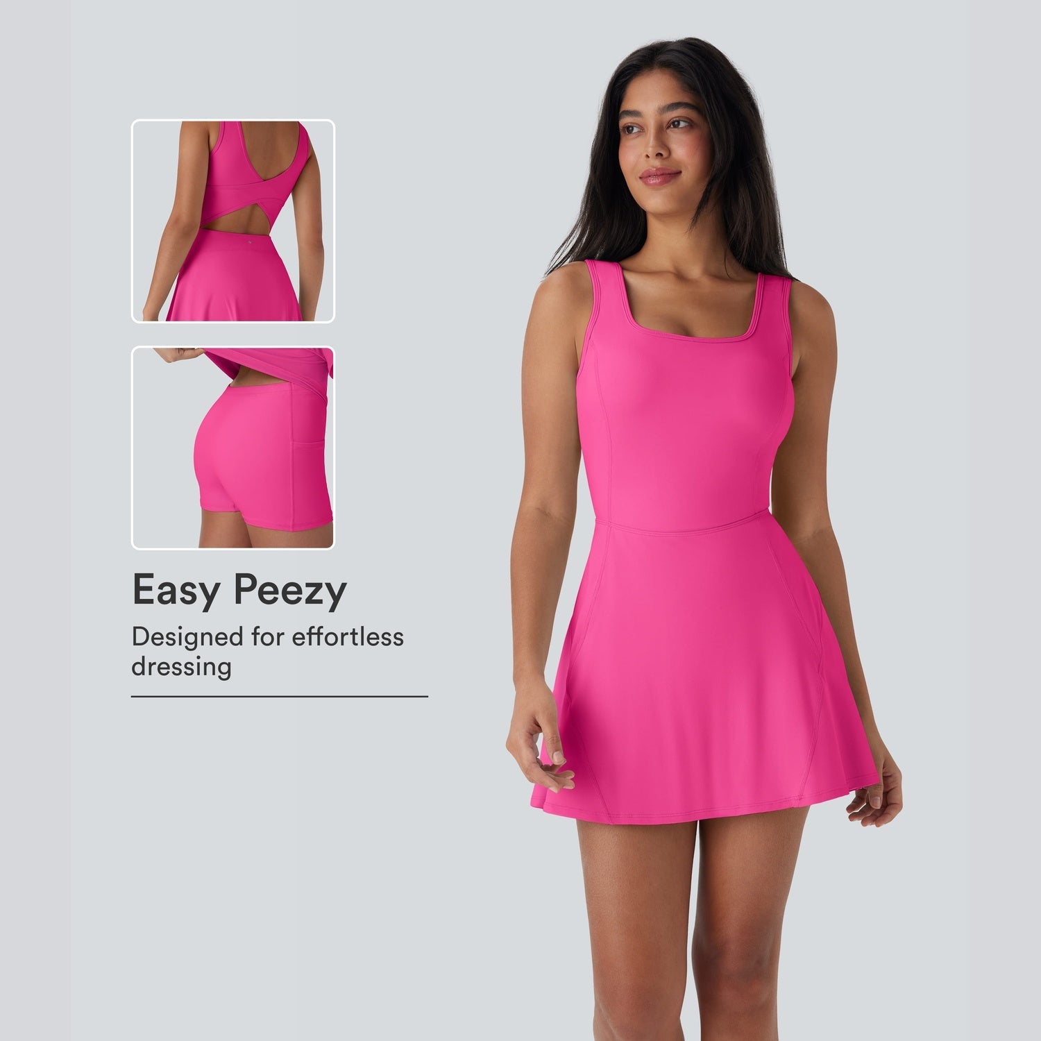 Woman wearing a pink dress with 'Easy Peezy' text on a gray background