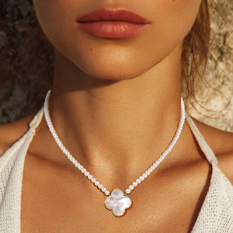 Clover and Pearl Necklace-White Gold