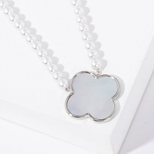 Clover and Pearl Necklace-White Gold