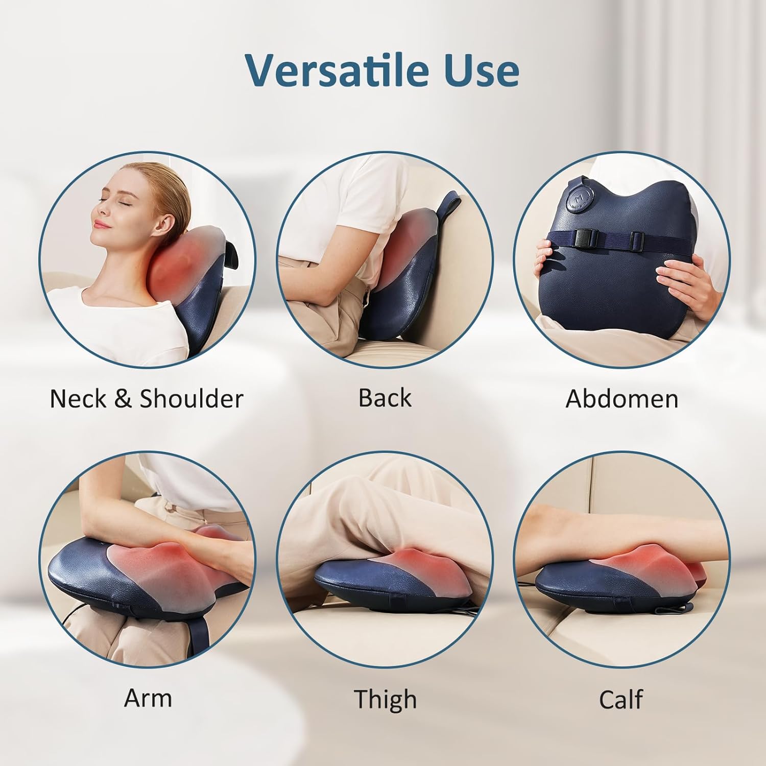 Massage pillow used on various parts of the body with labeled uses.