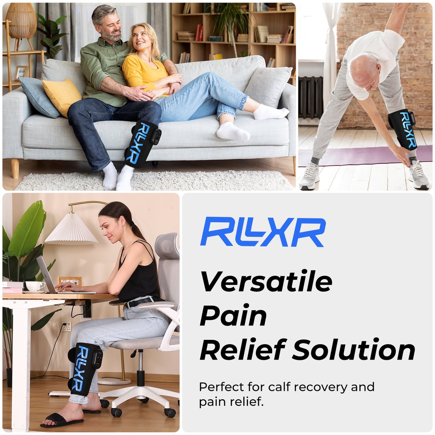 Collage of people using RIVR products for pain relief in various settings.