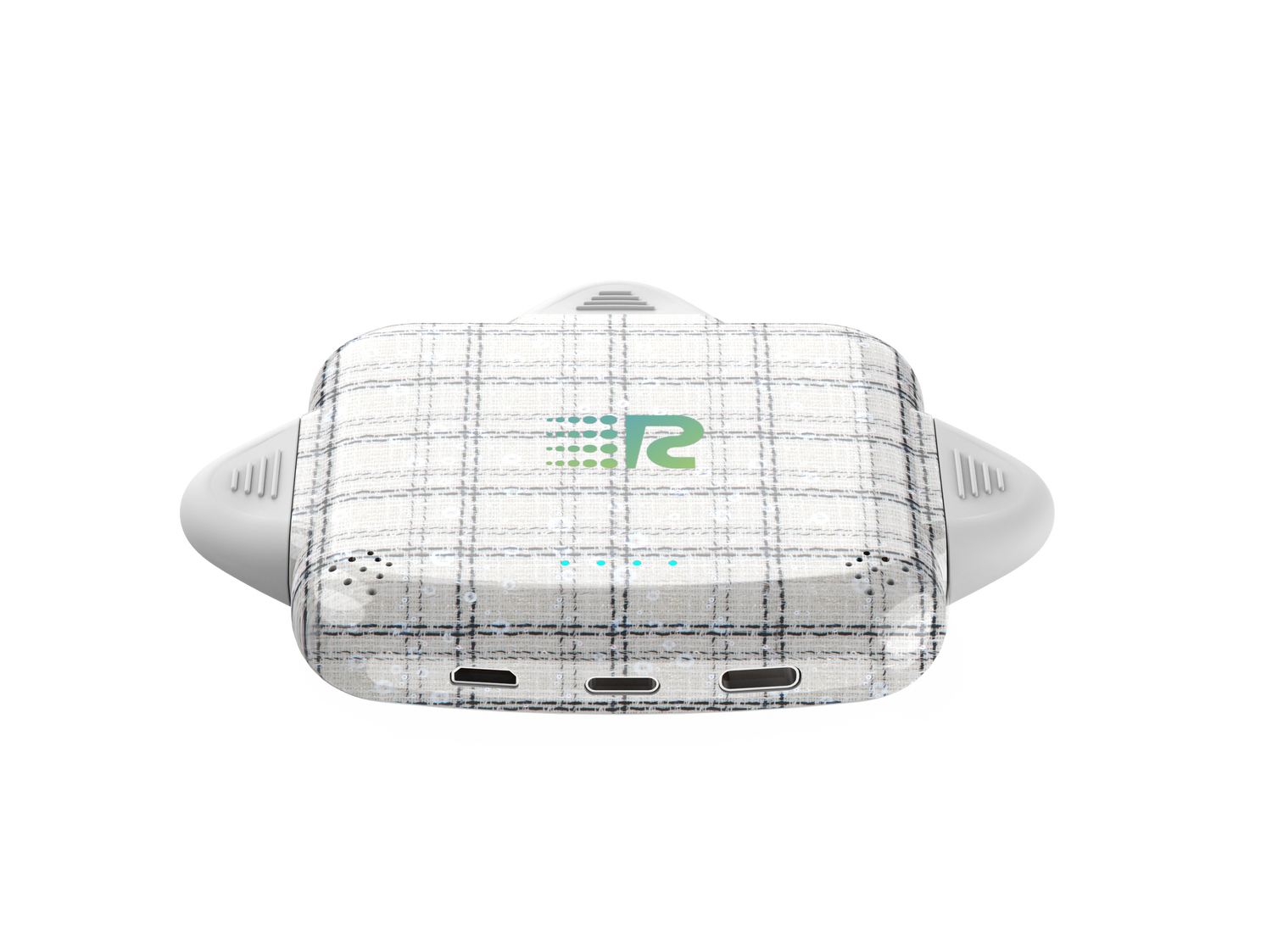 Plaid-patterned electronic device with a logo on a white background