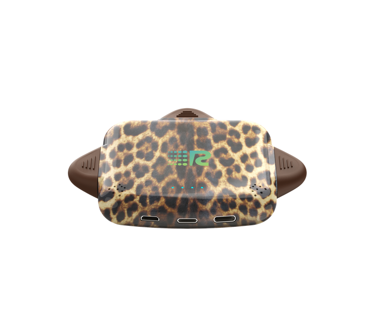 Leopard print vape device with a visible brand logo on a white background