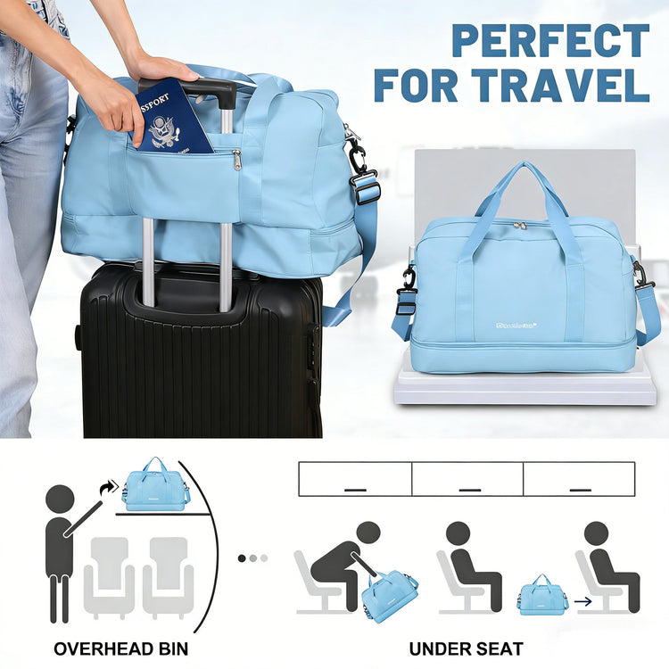 Light blue travel bag with a person holding it, suitcase, and usage illustrations on a white background.