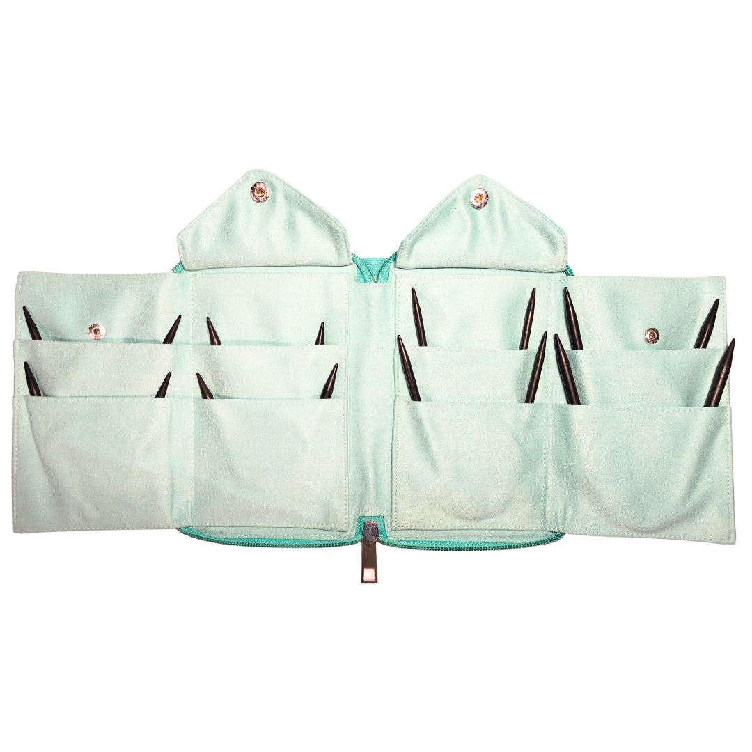 Light blue fabric organizer with multiple pockets on a white background