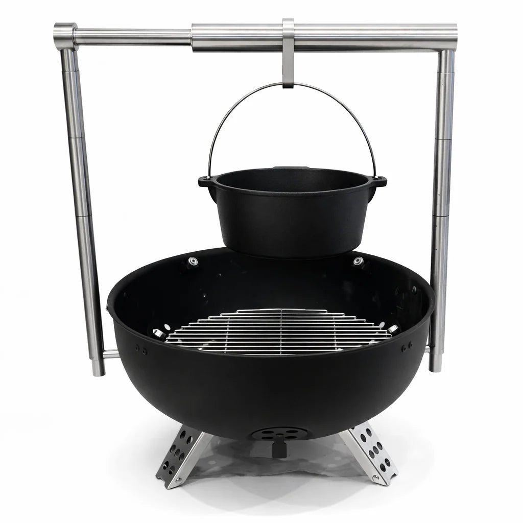 Black charcoal grill with a pot on a white background