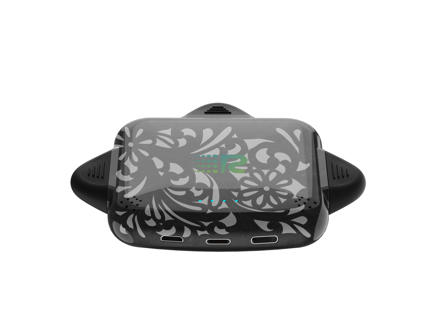 Black electronic device with floral design on a white background