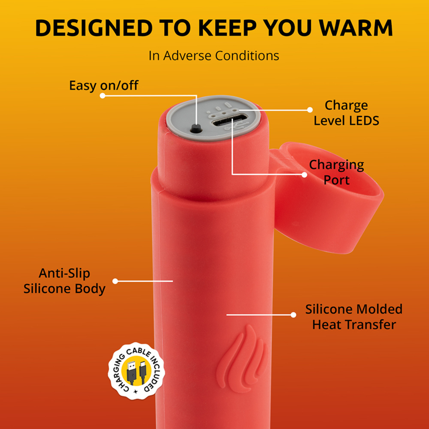 Red portable heating device with features labeled on an orange background