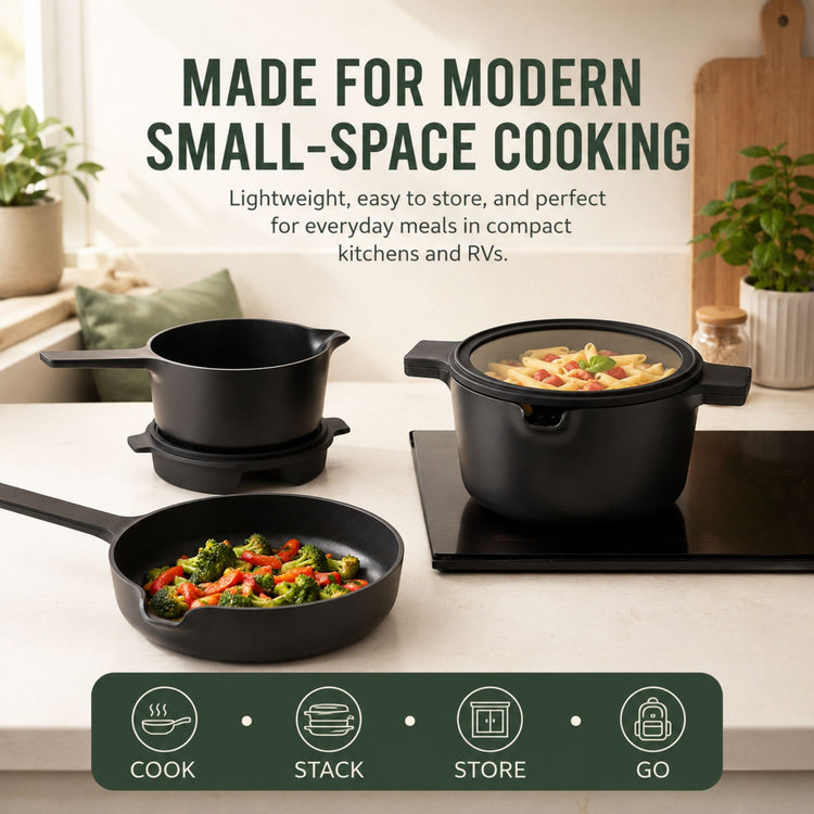Black cookware set on a kitchen counter with text about modern small-space cooking.