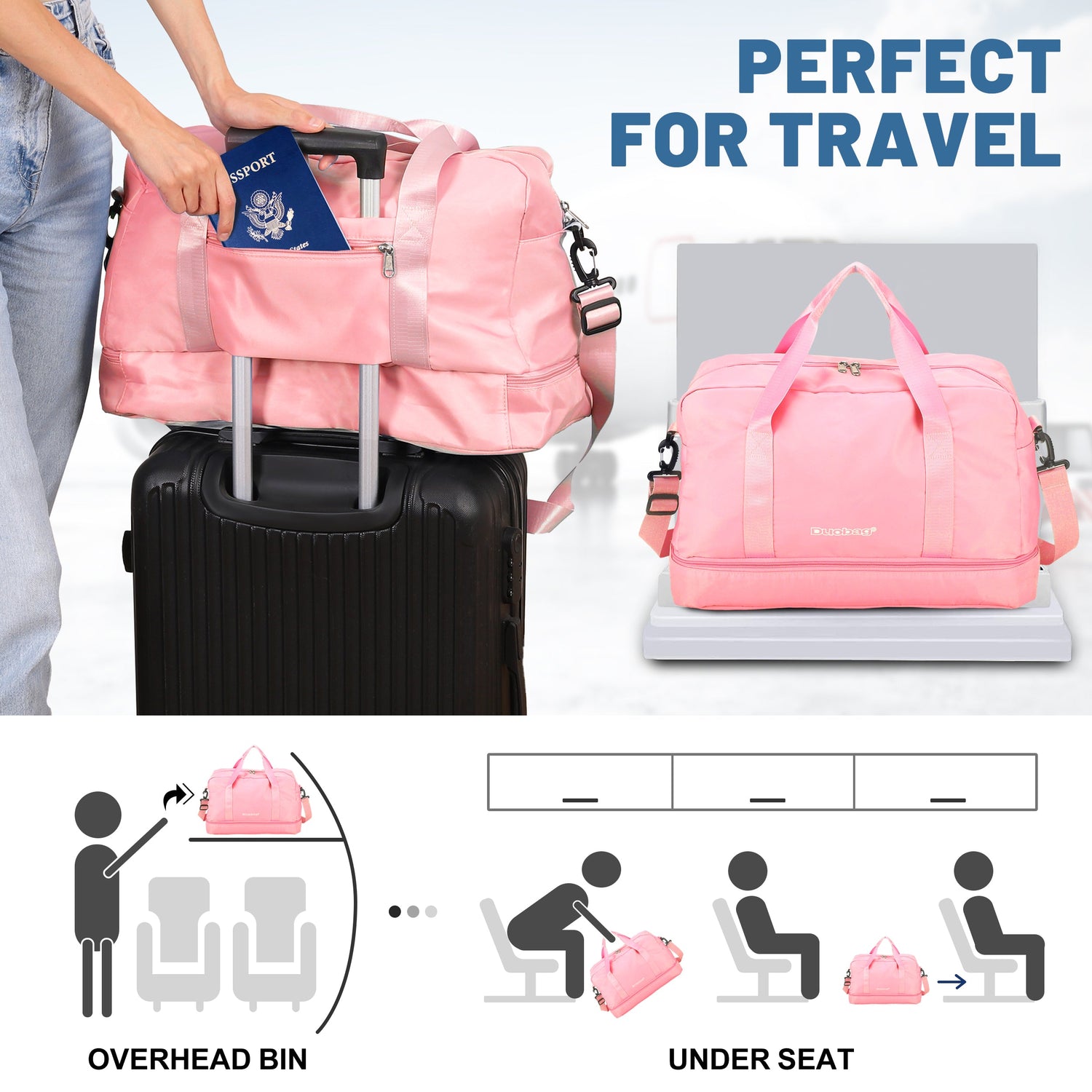 Pink travel bag with a suitcase, passport, and diagram showing its use.