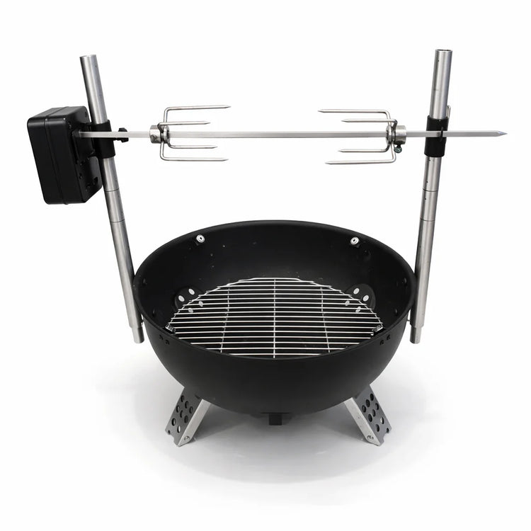 Black charcoal grill with rotisserie system on a white background