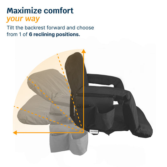 Black stadium seat with armrests, cup holder, and screen displaying product features on a white background.