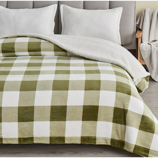 Ultra-Soft Velvet Plush Reversible Sherpa Fleece Blanket - Olive Green Buffalo Checks