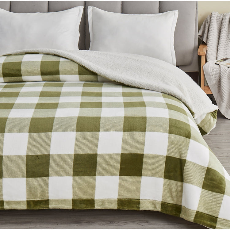 Ultra-Soft Velvet Plush Reversible Sherpa Fleece Blanket - Olive Green Buffalo Checks