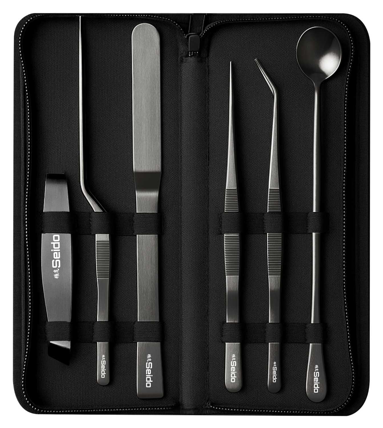 Seido 6-piece plating tweezer set laid out with protective case and tools.
