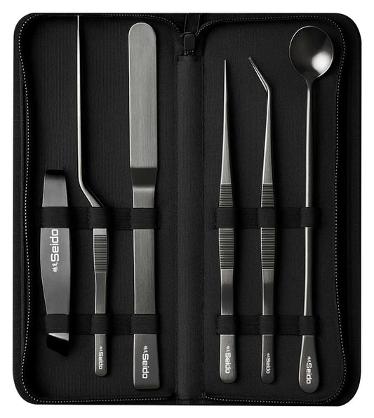 Seido Retail packaging with the 6-piece plating tweezer set and the black protective case on a white background.