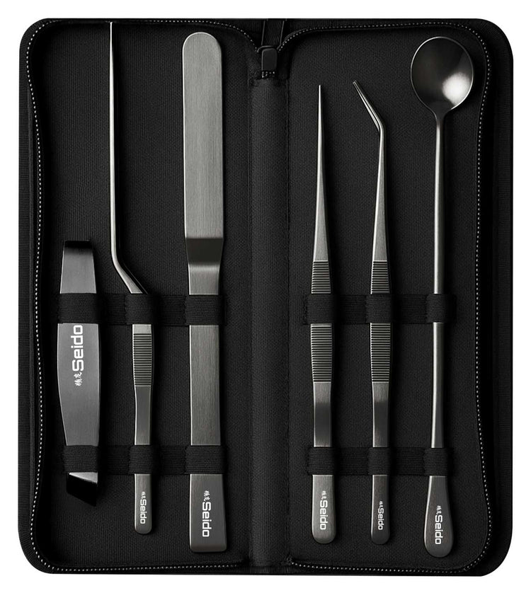 Seido 6-piece plating tweezer set laid out with protective case and tools.