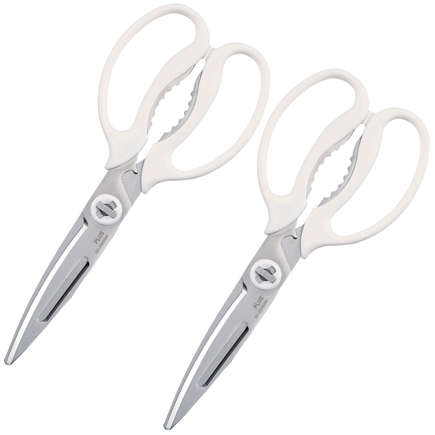 Two white and silver kitchen shears scissors with serrated inner edges, shown on a plain white background.