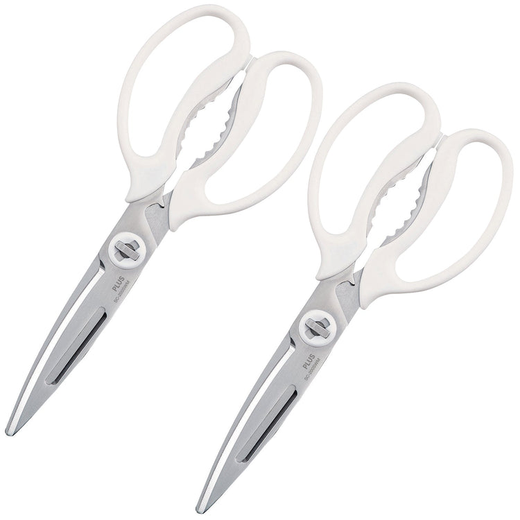 Two white and silver kitchen shears scissors with serrated inner edges, shown on a plain white background.