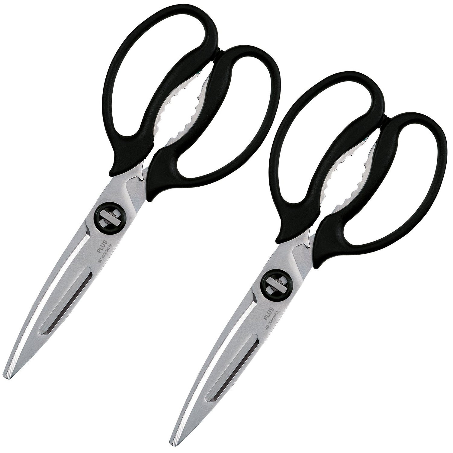 Two pairs of kitchen shears with black handles and silver blades, arranged side by side on a plain white background.