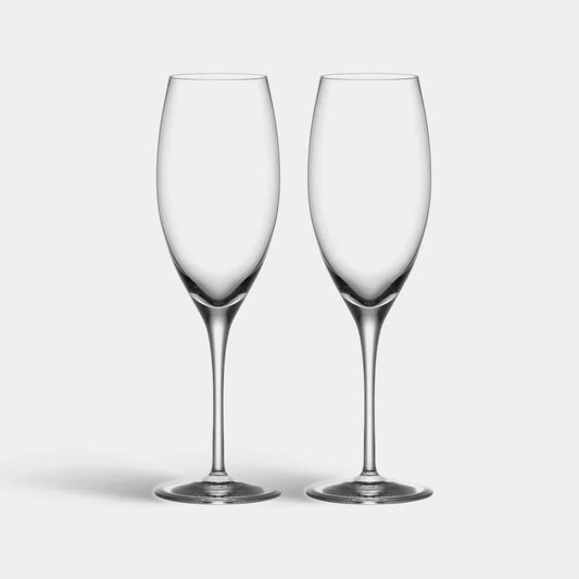 Two clear wine glasses on a light gray background