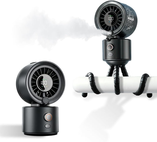 A black portable fan shown in two views on a white background: one standing alone and one mounted on a white pipe with black hose clips. A soft mist is visible from the fan in the top view.