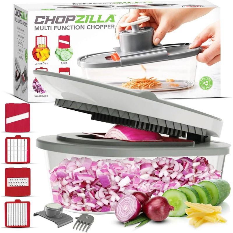 ChopZilla multi-function chopper with sliced vegetables and packaging in the background