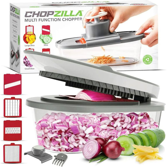 Chopping device with container filled with chopped onions on a marble surface with vegetables around.