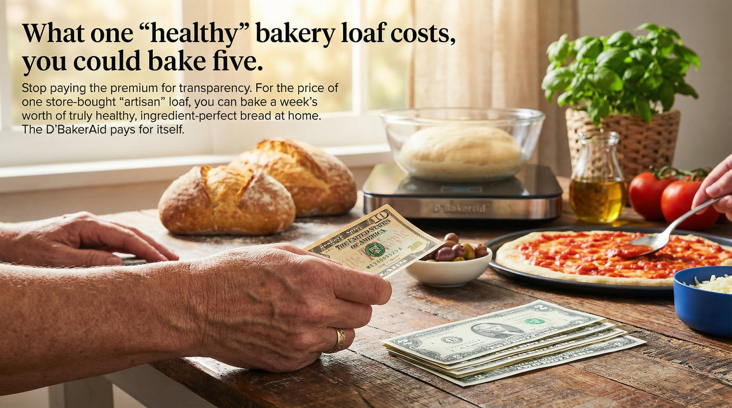 Person counting money on a table with bread, pizza, and kitchen items.