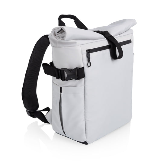 White cooler bag with black straps on a white background