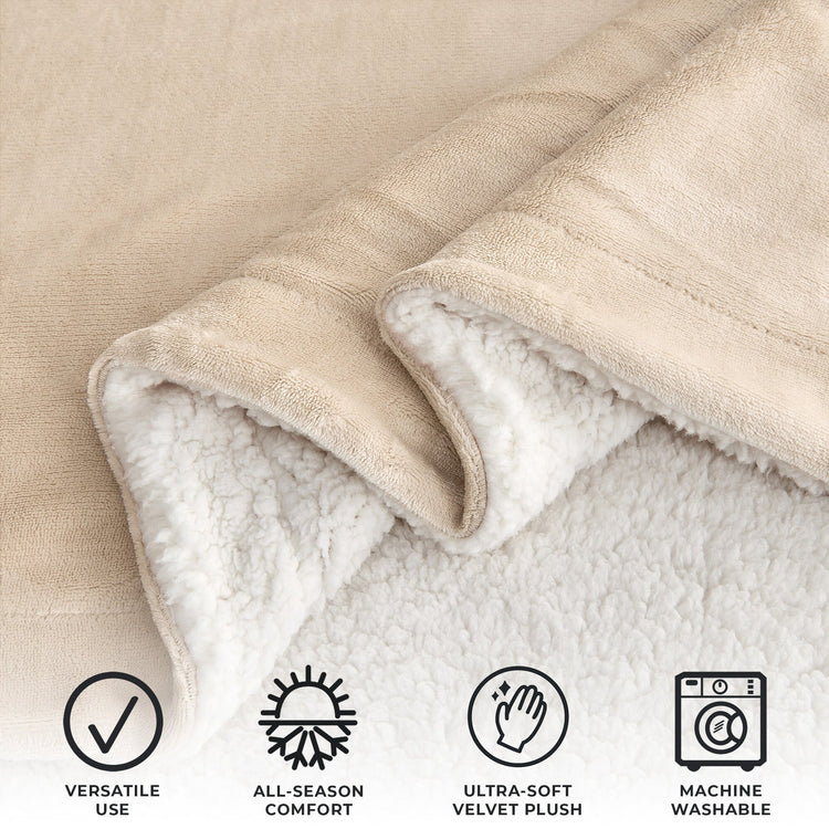 Ultra-Soft Velvet Plush Reversible Sherpa Fleece Blanket - Tan