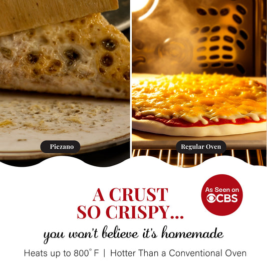 A red countertop pizza oven with a 12-inch pizza on it, surrounded by various accessories such as a carrying case, a pizza peel, a brush, a scraper, and a dough roller.