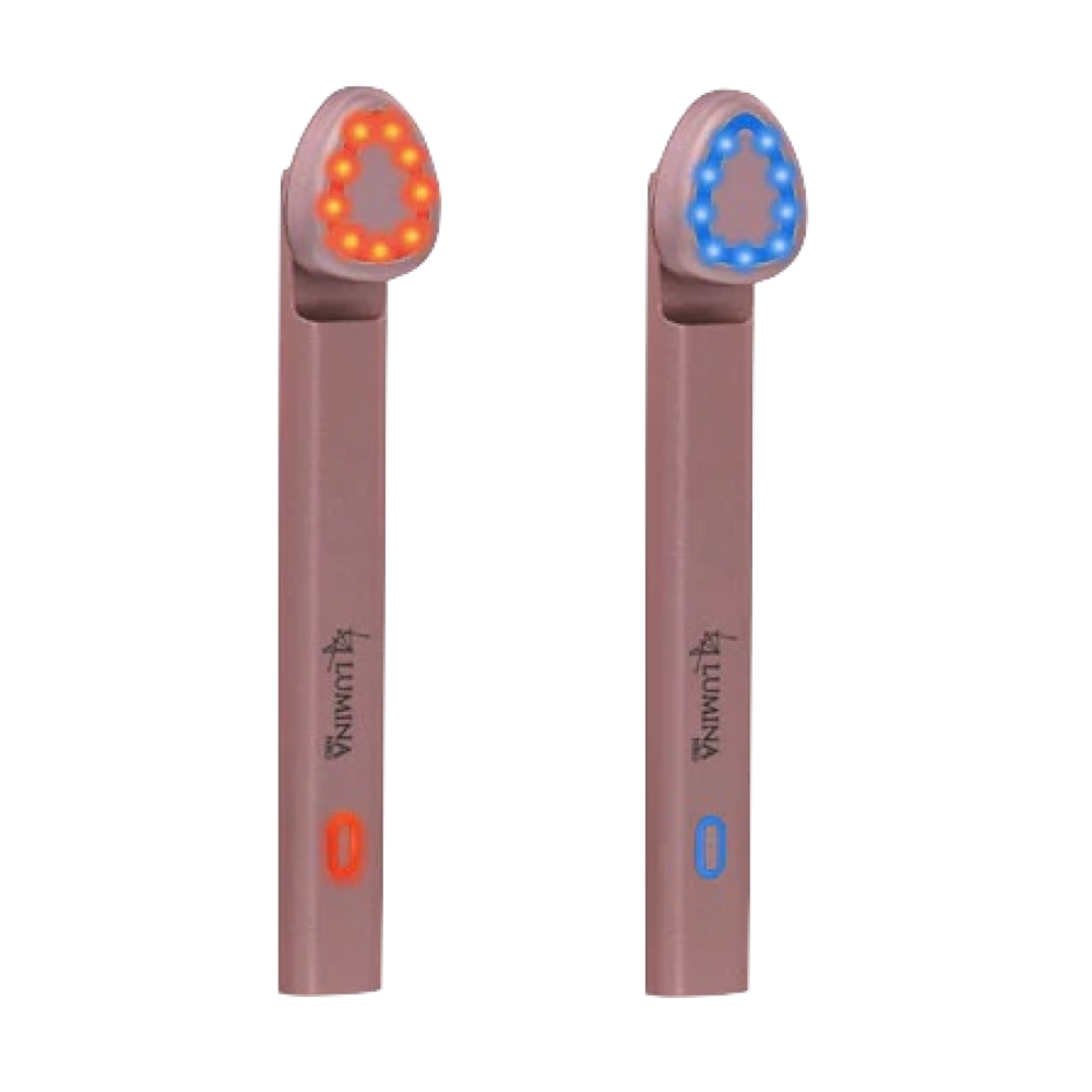 Two handheld devices with LED lights on a white background