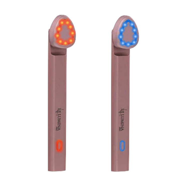 Two handheld devices with LED lights on a white background