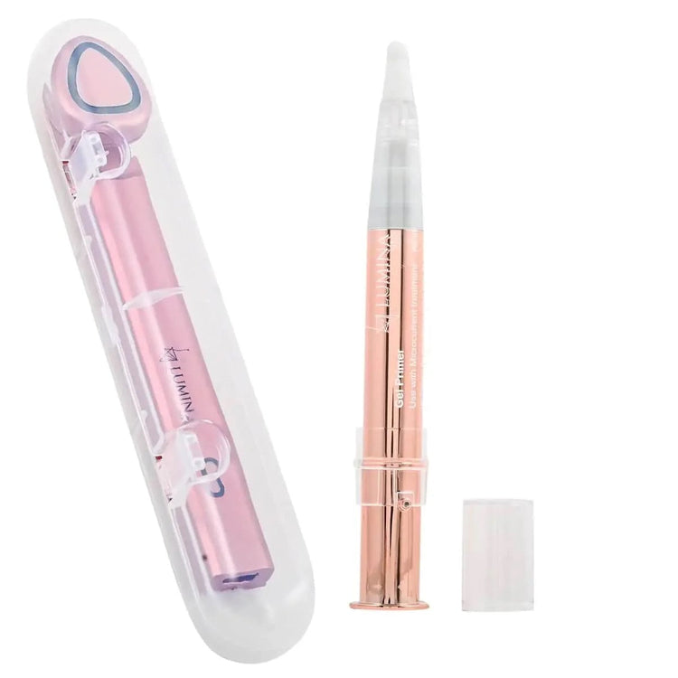 Pink and rose gold beauty tool with clear packaging on a white background