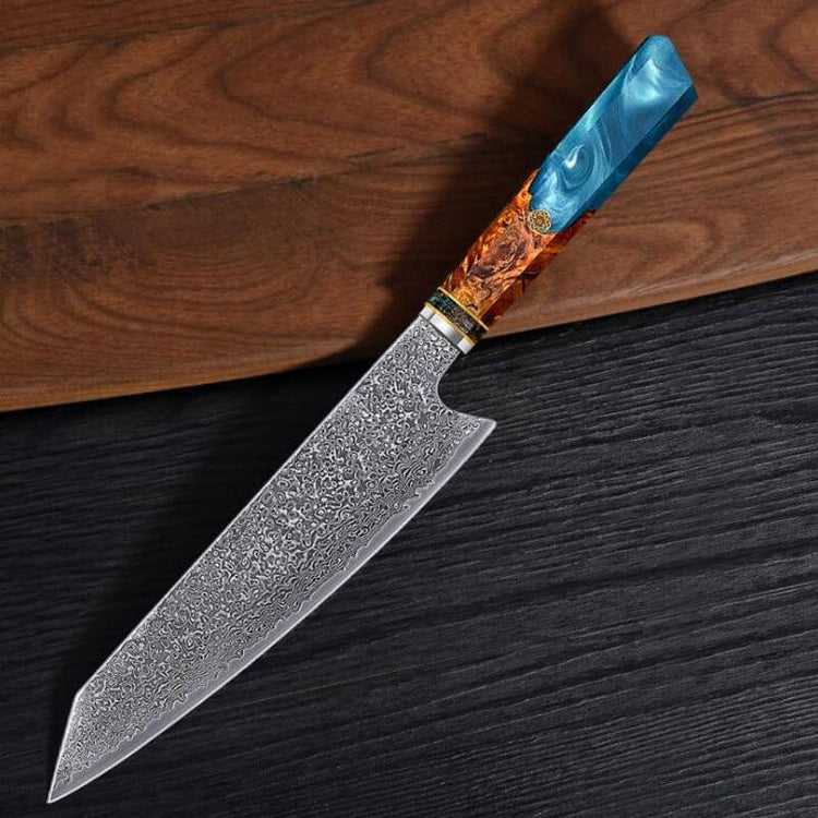 Decorative knife with a blue and brown handle on a dark surface