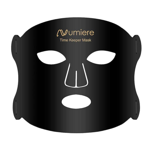 Person wearing a black face mask with 'numiere' branding on a white background