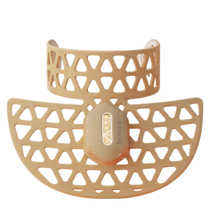 Beige silicone teething ring with geometric pattern on a white background